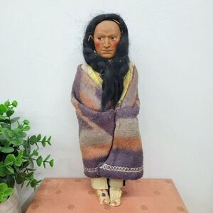 Vintage Skookum-Style Native American Doll • Straw Stuffed • Carved Painted Head